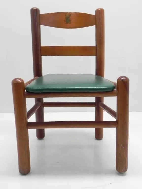RUSTIC WOODEN CHILD'S CHAIR W/GREEN VINYL SEAT