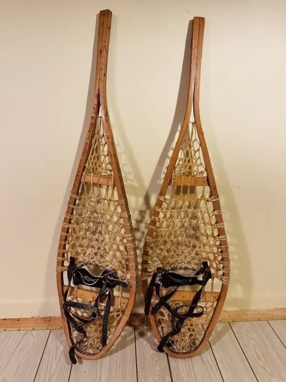 TRADITIONAL WOODEN SNOWSHOES RAWHIDE WEBBING