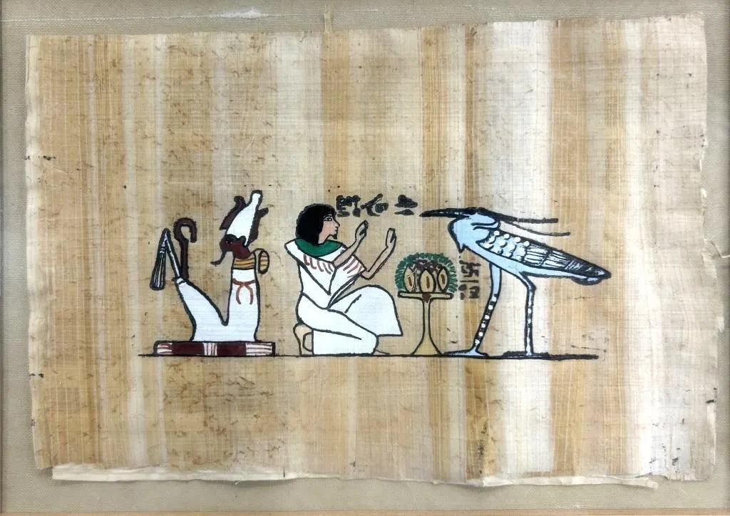 EGYPTIAN PAPYRUS BENNU BIRD & OSIRIS PAINTING