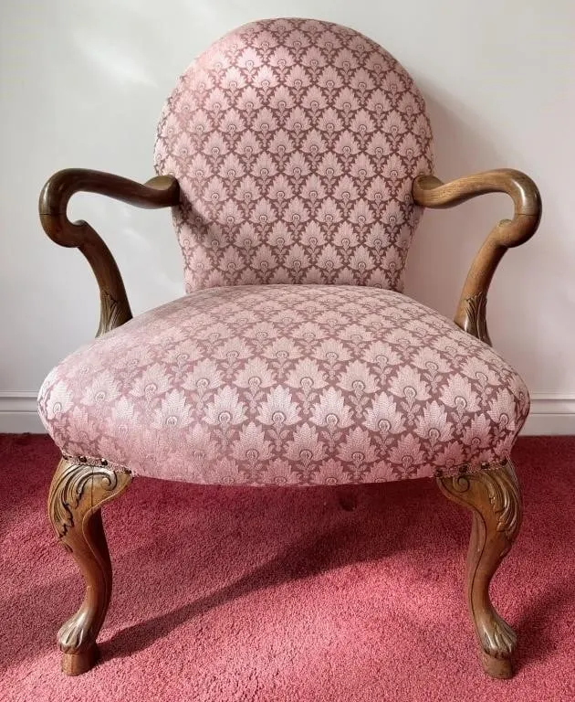 VINTAGE LOUIS XV STYLE ARMCHAIR, SCROLL ARMS