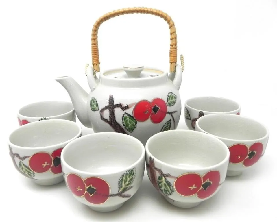 JAPANESE PERSIMMON TEAPOT & 6 TEACUPS