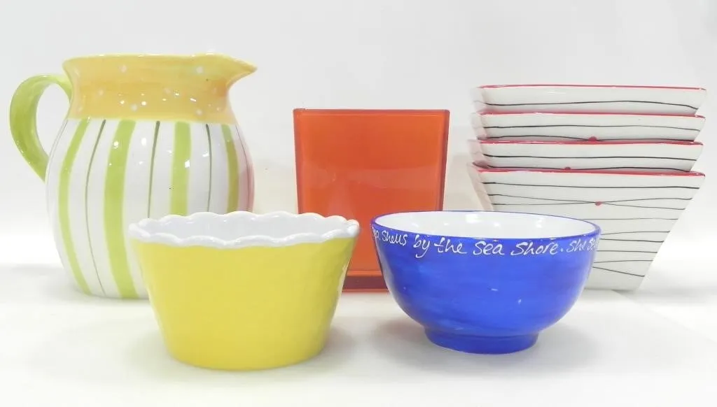 COLOURFUL KITCHEN SERVEWARE PITCHER, BOWLS, PLATES
