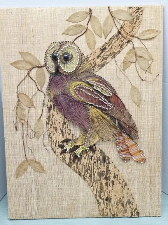 Vintage Mixed Media Hanging Owl Art