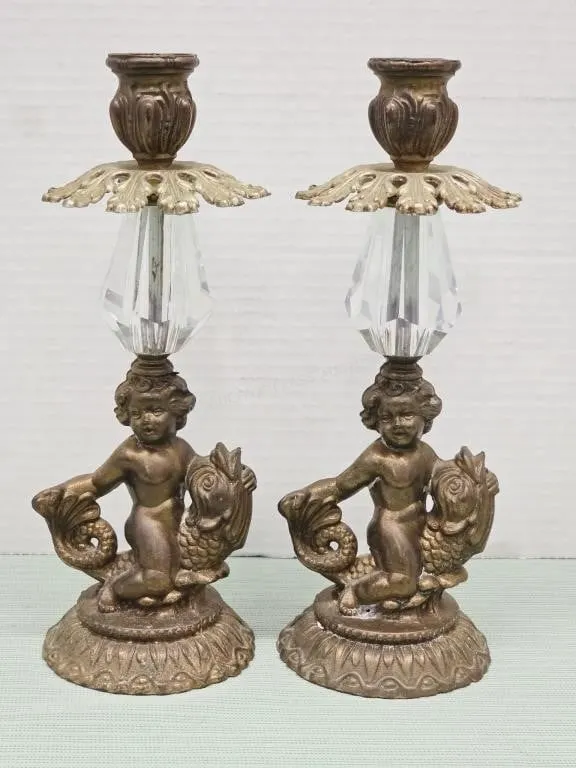 Pair Vintage Cherub & Koi Candle Sticks