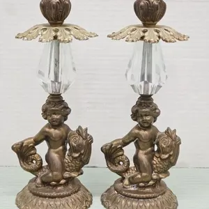 Pair Vintage Cherub & Koi Candle Sticks