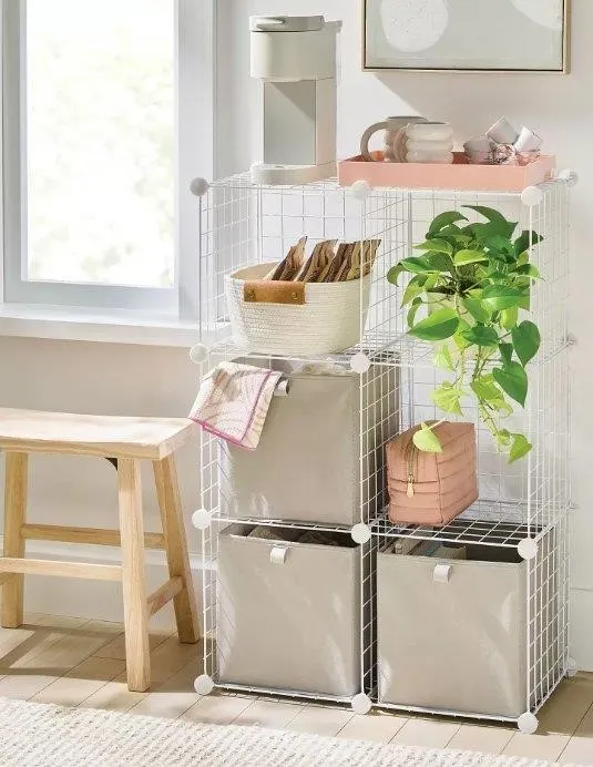 6-Cube Metal Grid Storage Unit White