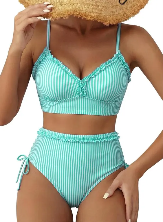 Herseas Ruffle Trim Bikini Set Green Stripes XXL