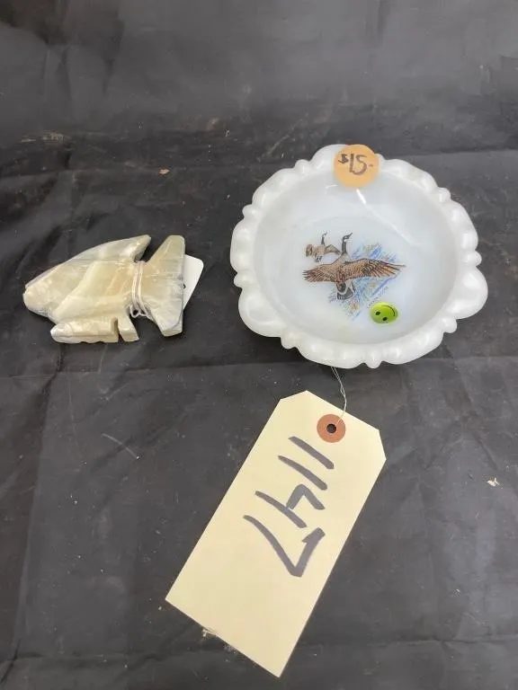 Canada Goose Milk Glass Ash Tray & Stone Fish