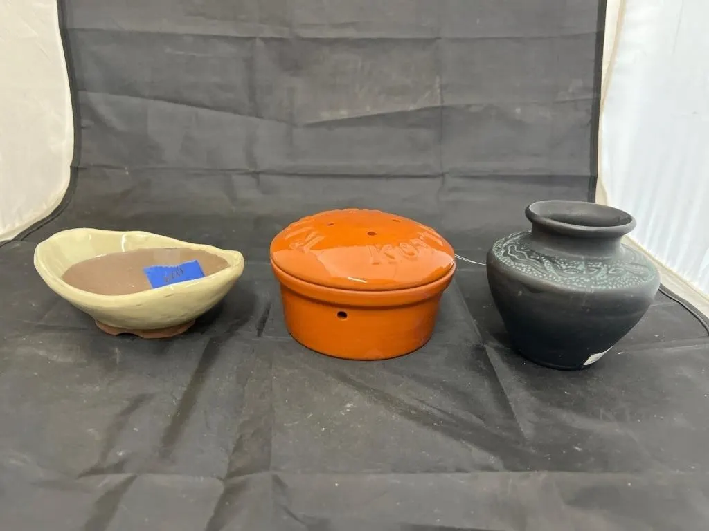 3 Pcs - Pottery Soap Stand - Vase & Bowl w/Lid