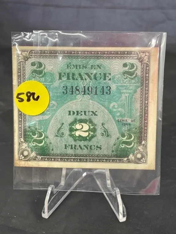 1944 2 Francs France WWII Military Currency