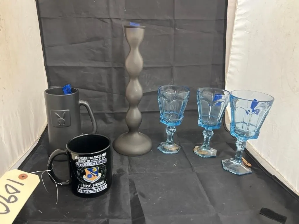 3 Fostoria Goblets - Playboy Mug - Candlestick