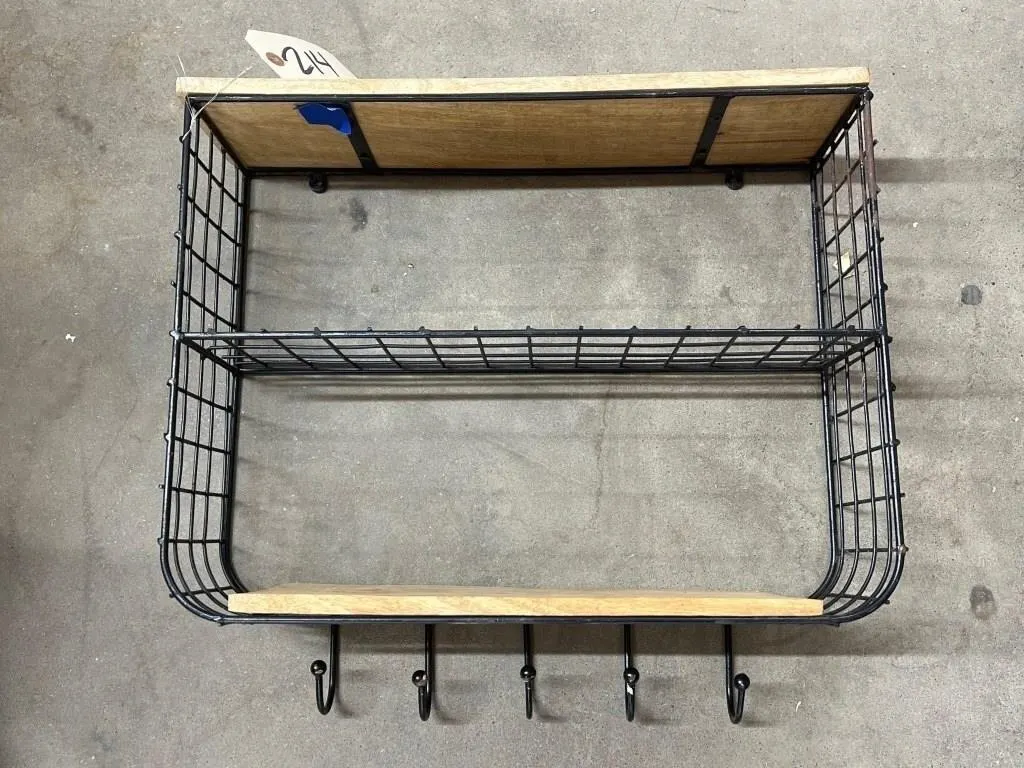Wood/Metal Wall Shelf w/Hooks