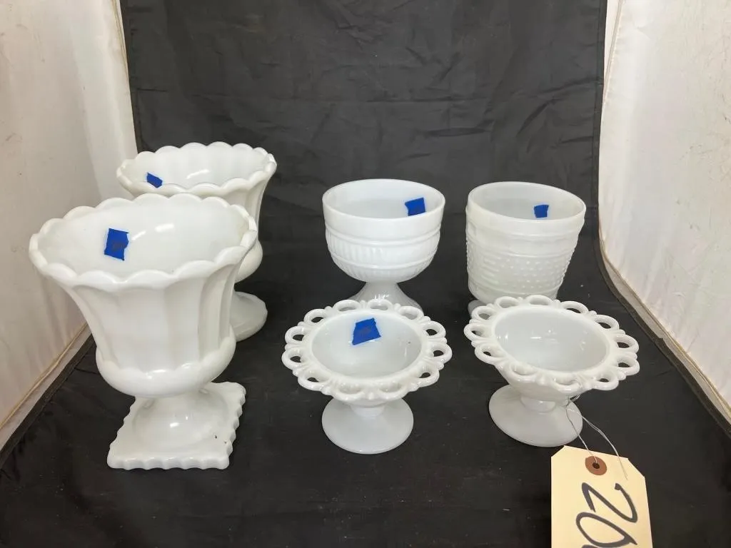 6 Pcs - Milk Glass Compotes & Vases