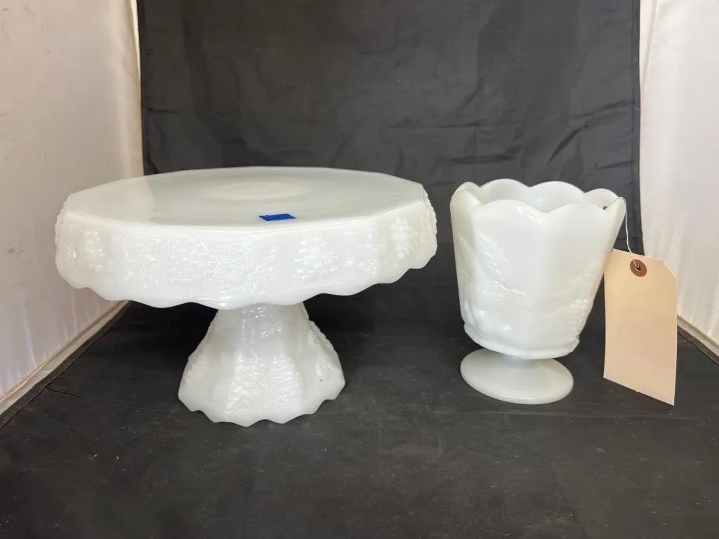 Milk Glass Cake Stand & Vase