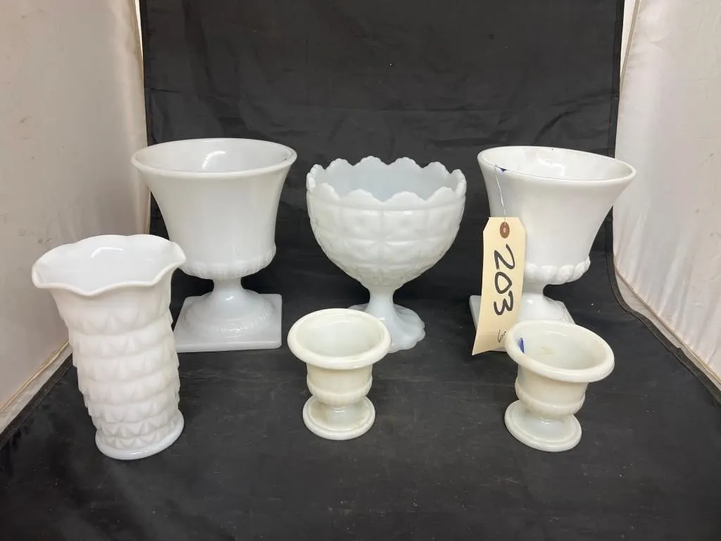 6 Pcs - Milk Glass Compotes & Vase - Footed