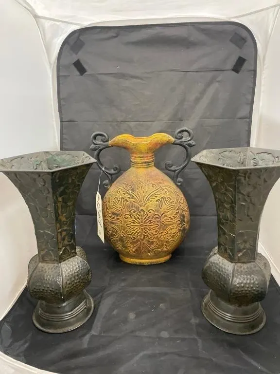 3 Pcs - Metal Vases & Handled Jug