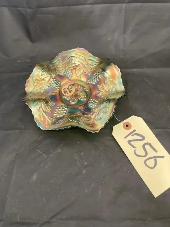 Green Carnival Glass Ruffled Plate