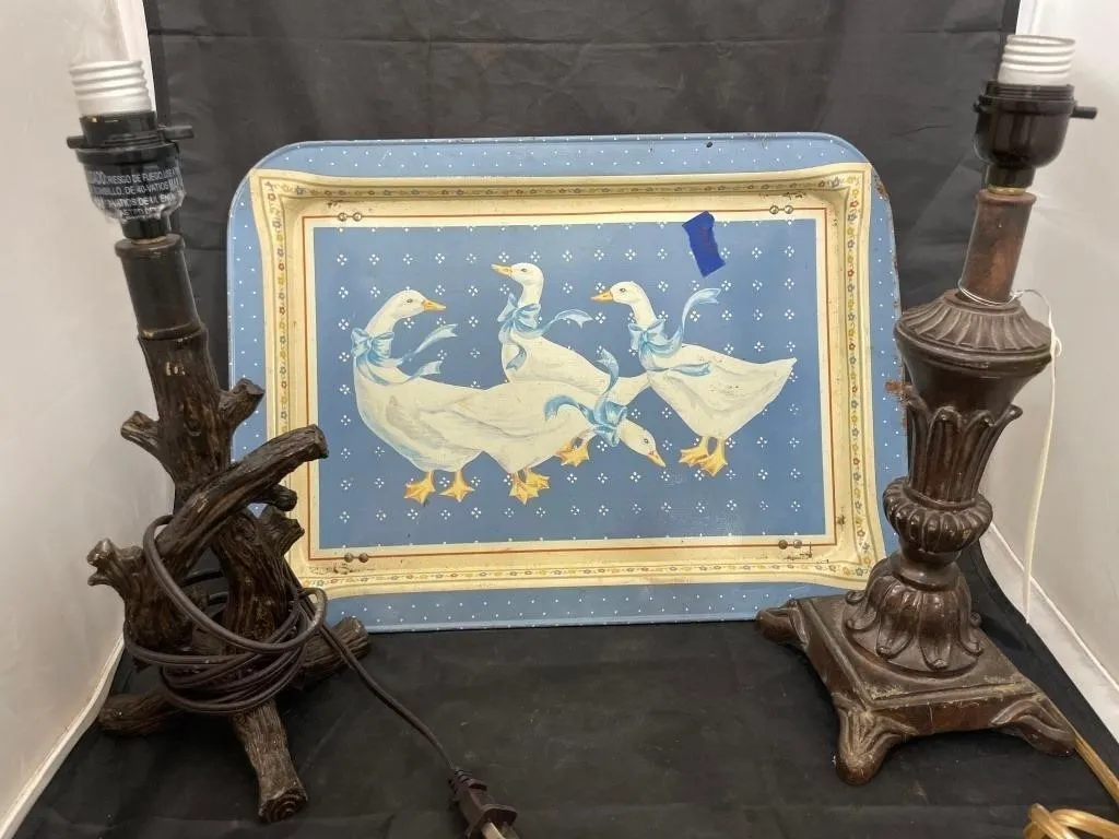 2 Table Lamps & Metal Goose Tray