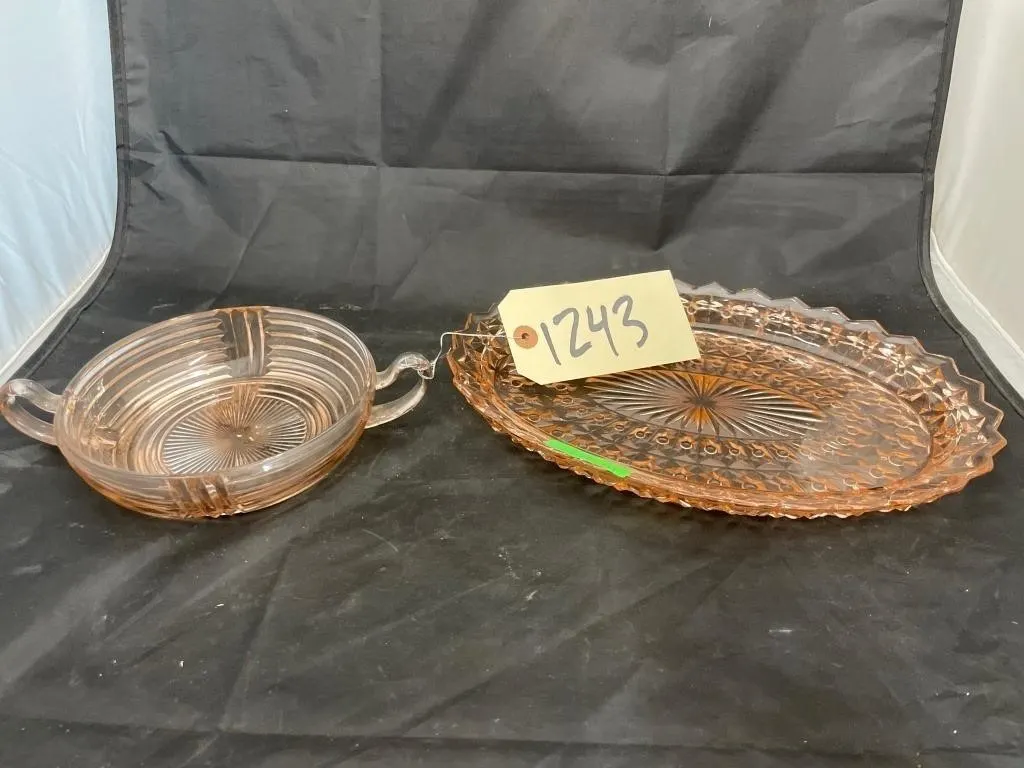 2 Pcs - Pink Glass Platter - Pink Glass Handled