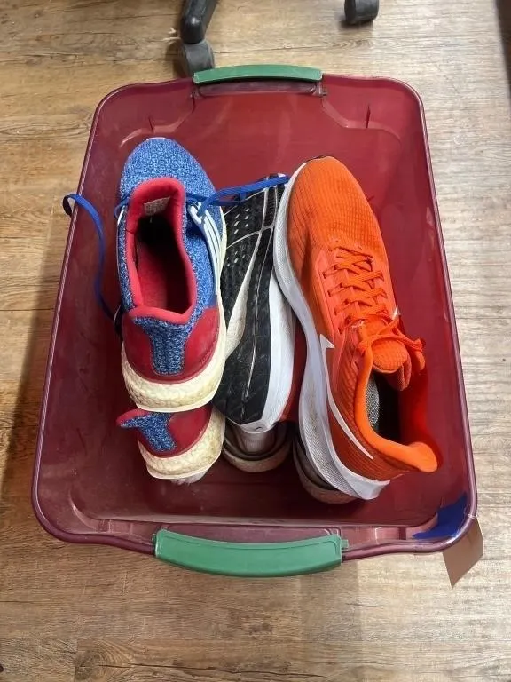 Plastic Tote w/Nike & Adidas Shoes Sz 10.5 & 11