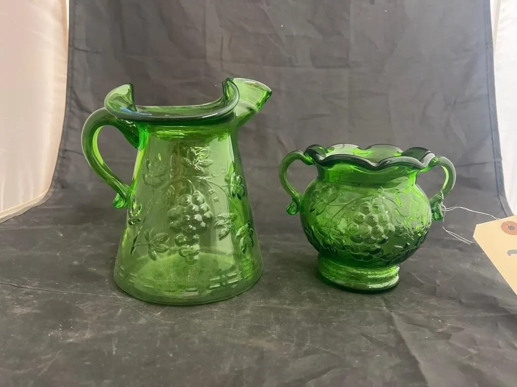 2 Pcs - Green Glass Pitcher & Sugar