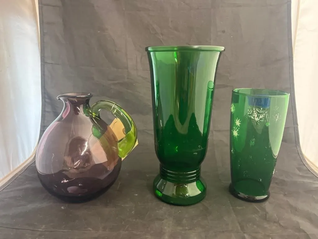 3 Pcs - Vase - 2-Toned Pitcher - Green Glass