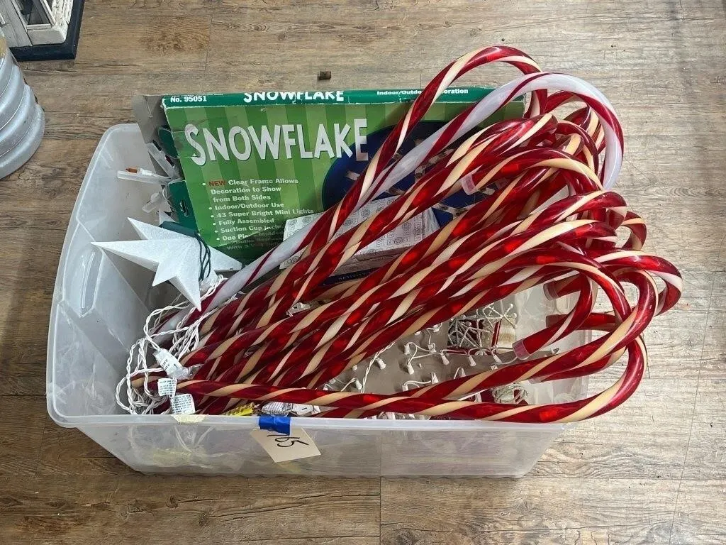 Holiday Yard Ornaments in Plastic Bin