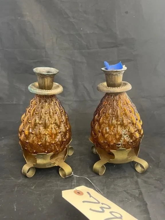 2 Pcs - Glass/Metal Candle Stick Holders