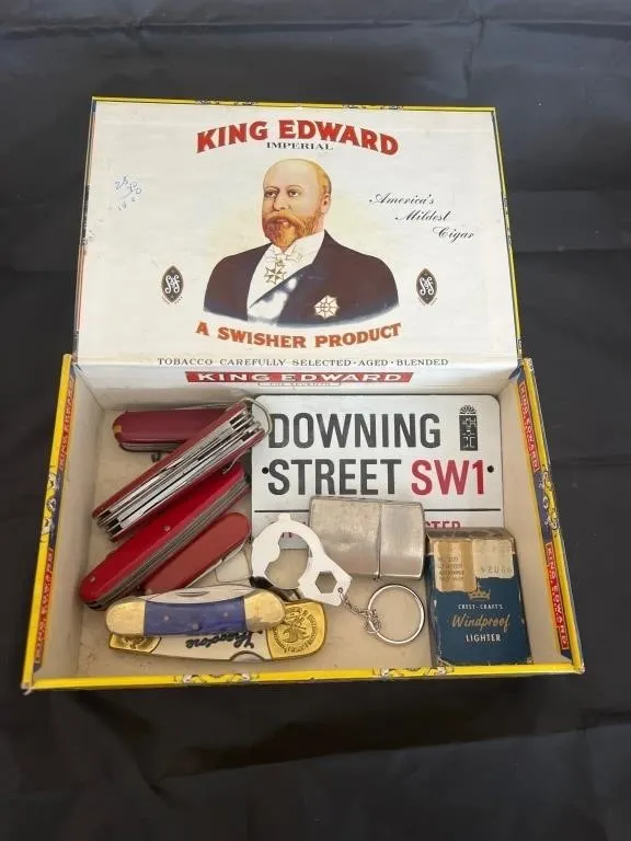 Tobacco Box w/6 Knives - Lighters - Bottle Opener