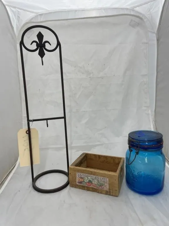 Small Wooden Box - Metal Stand - Blue Glass Jar