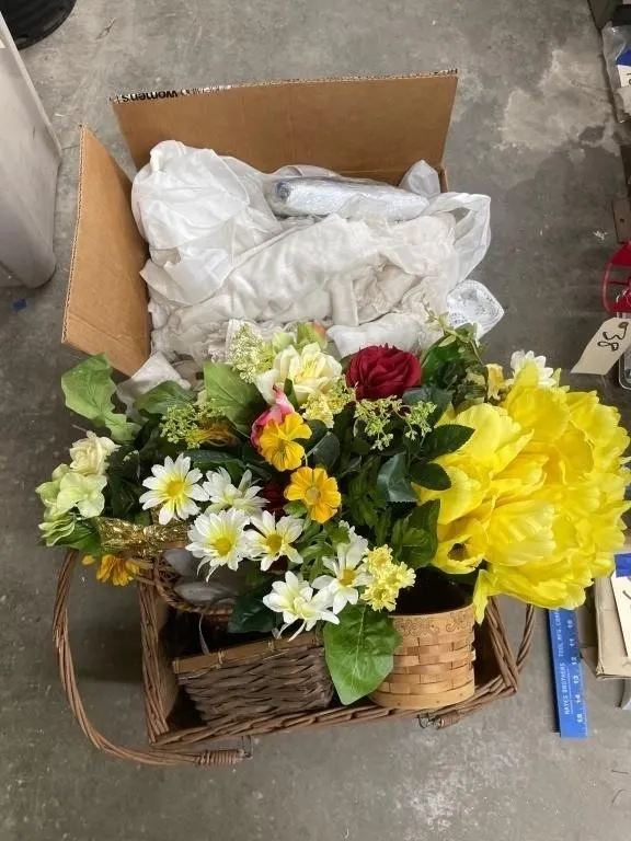 2 boxes Linens - Faux Flowers - Wicker Baskets
