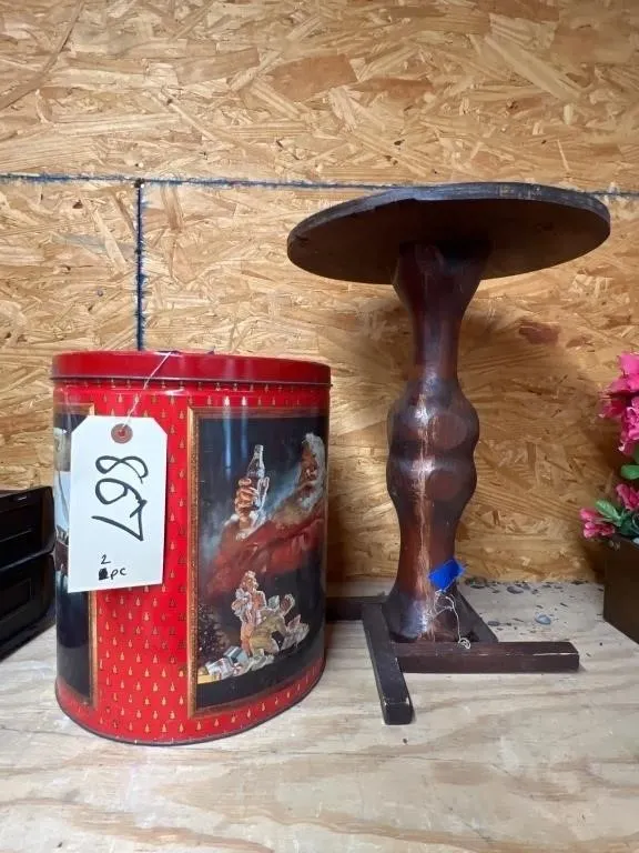 2 Pcs - Wood Side Table 16"H & Coca Cola Tin