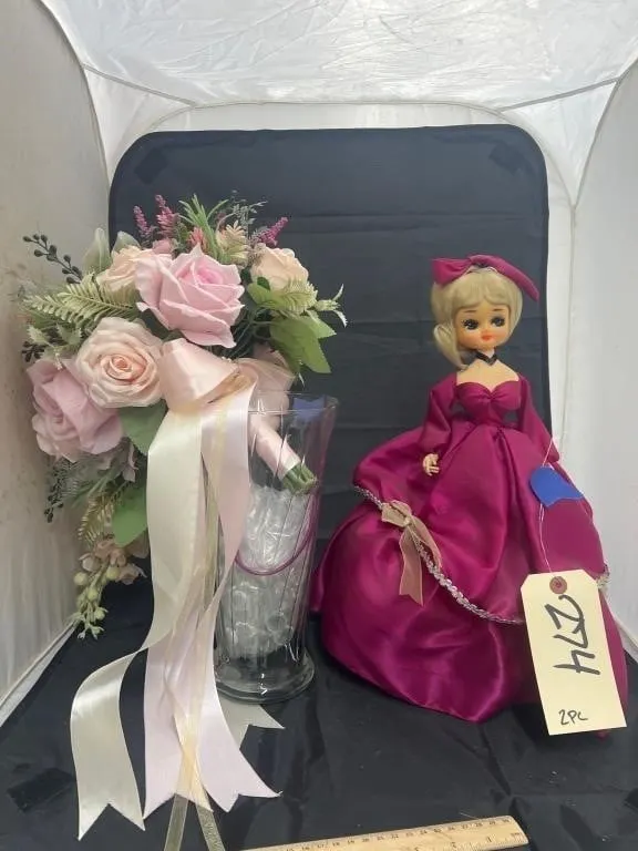 2 Pcs - Doll & Vase w/Faux Flower Bouquet