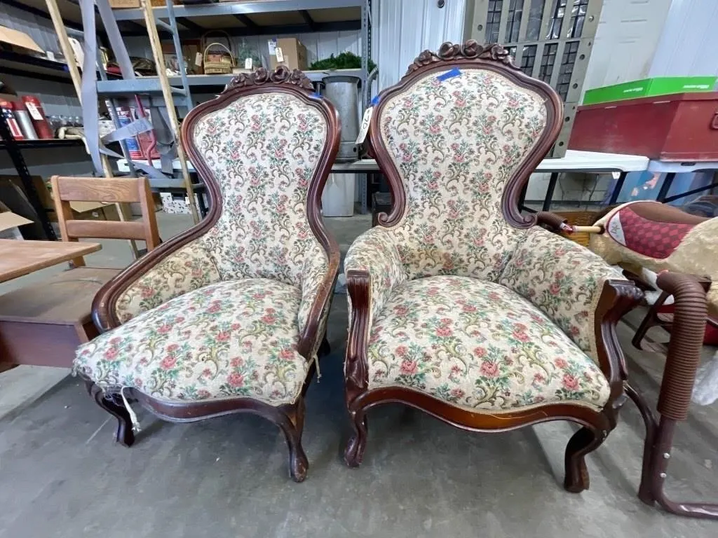 2 Pcs - Wood & Cloth Upholstered Chairs