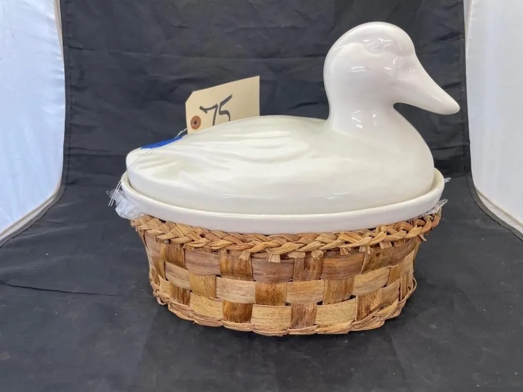 Duck Covered Dish w/Wicker Holder