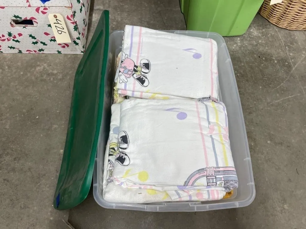 Assorted Bed Linens & Tea Towels in Plastic Bin