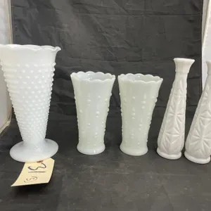 5 Pcs - Milk Glass Vases 1 is cracked