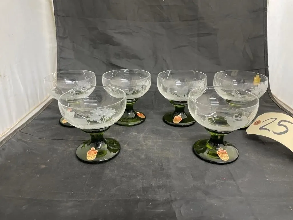 6 Pcs - Scherer Booenmais Crystal Etched Goblets