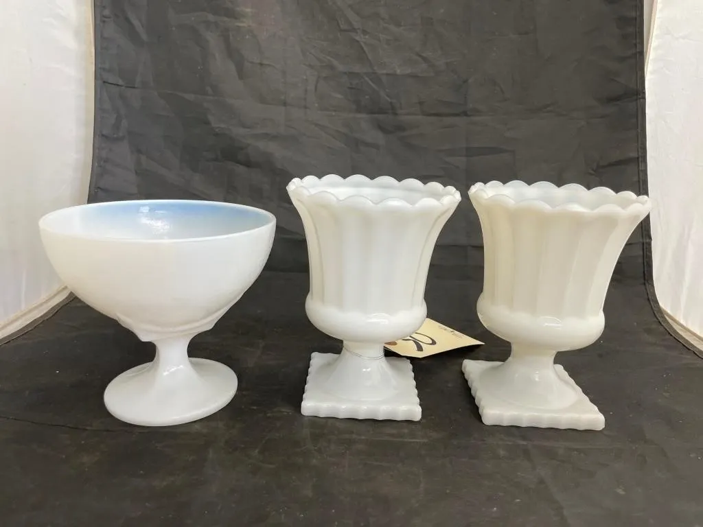 3 Pcs - Milk Glass Vases & Compote