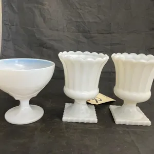 3 Pcs - Milk Glass Vases & Compote