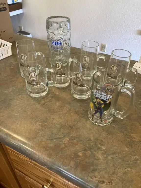 Vintage Bitburger Pils beer mugs, Paulaner mug, &