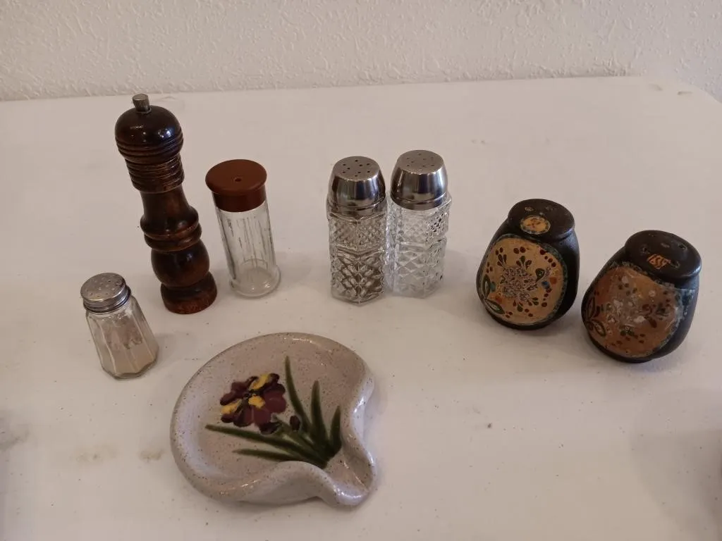 Salt and pepper shakers, soap dish, toothpick