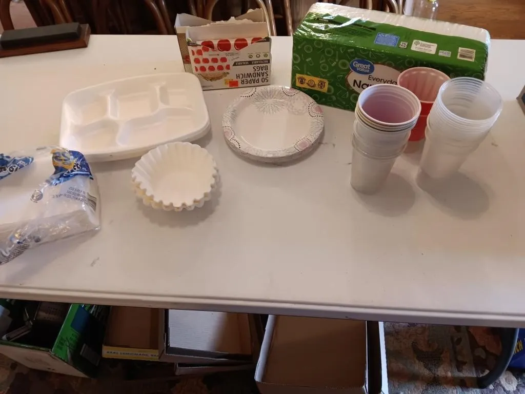 Napkins, Plastic Cups, Paper Plates, Sandwich