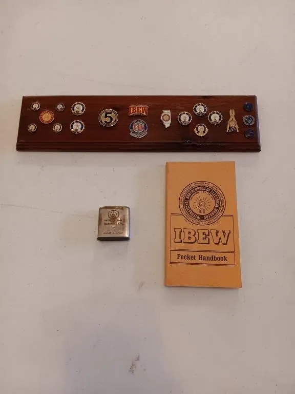 IBEW Service Pins Mounted On Wooden Board, IBEW