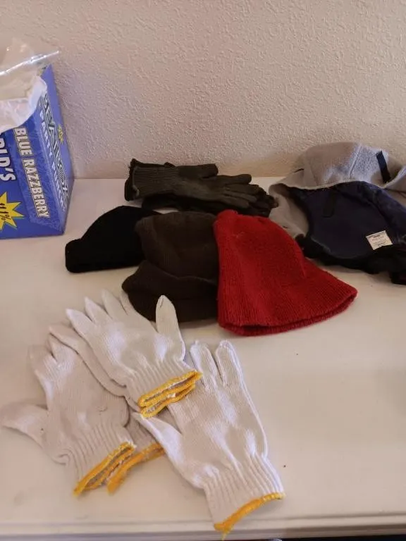 Cut resistant gloves, winter stocking caps.
