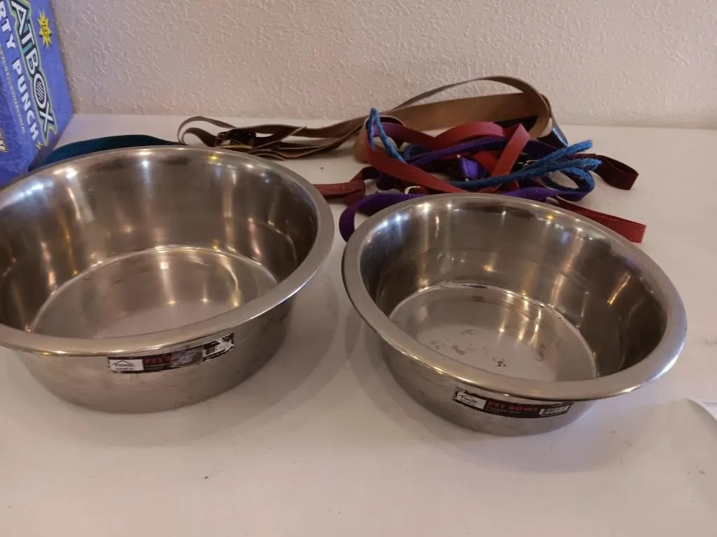 Pet feeding and watering bowls, leads and