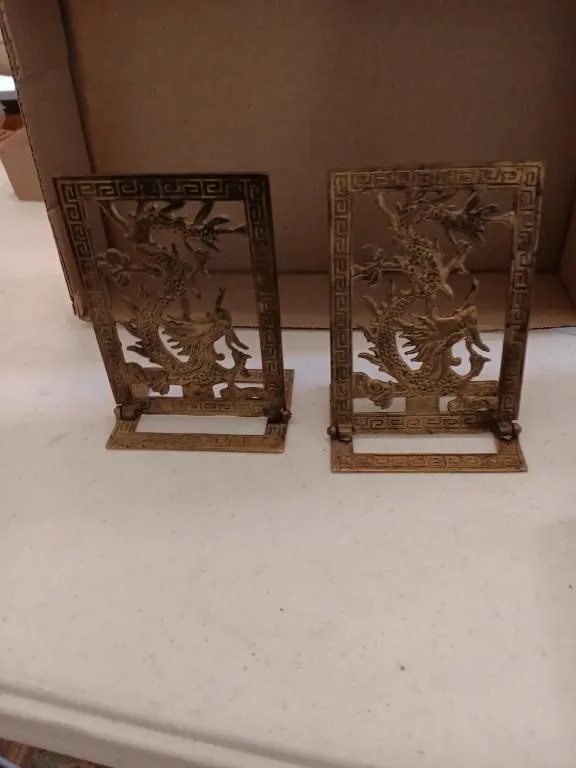 Vintage Brass Folding Bookends. Chinese Dragon
