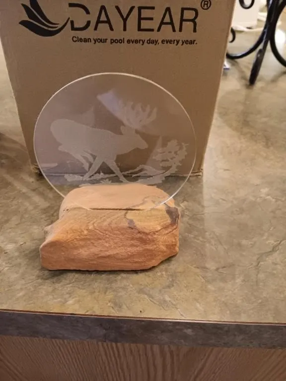 Etched glass with animal standing in decorative