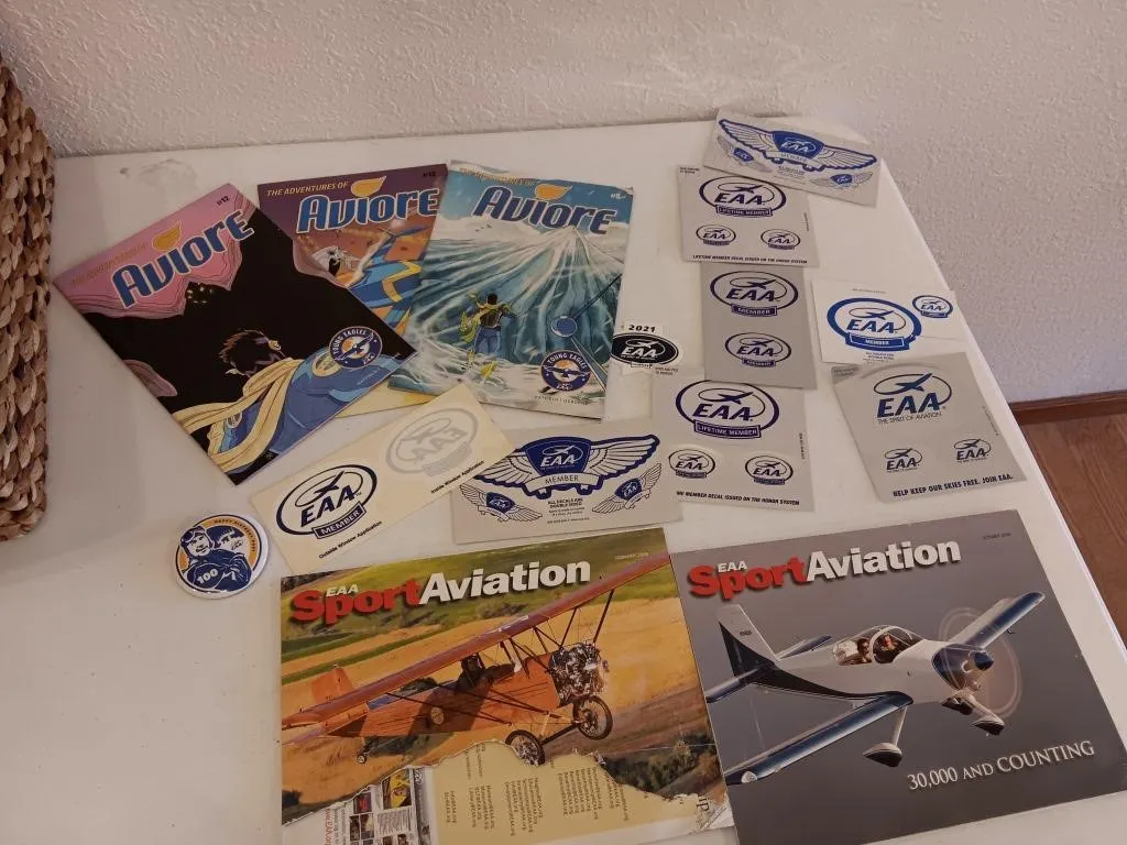 Aviore comics, aviation books, EAA stickers.