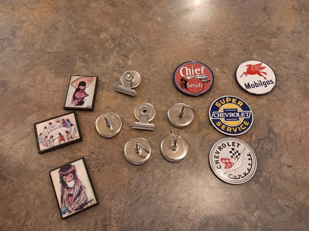 Fridge magnets, hooks, clips.